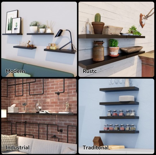 Boswillon Black Floating Shelves for Wall, 4 Sets Black Wall Shelves for Bedroom with Invisible Brackets