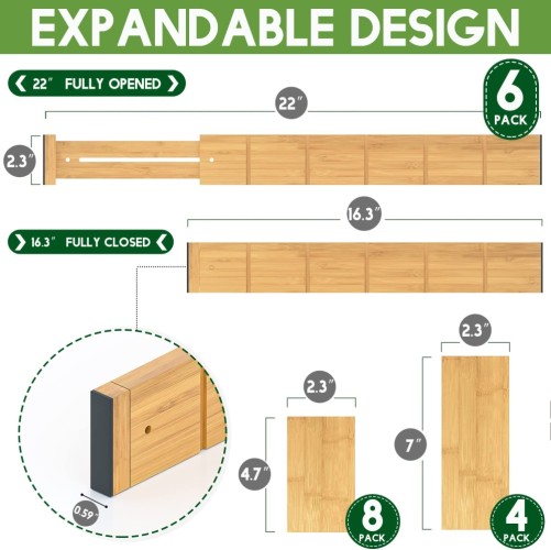 Bamboo Drawer Dividers with 12 Inserts, 16.3-22inches, Expandable Kitchen Drawer Organizer 6 Pack