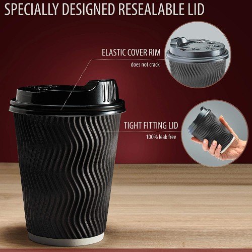 Primens Insulated Disposable Coffee Cups with Lids & Straws 12 oz, 100 Packs (Black)