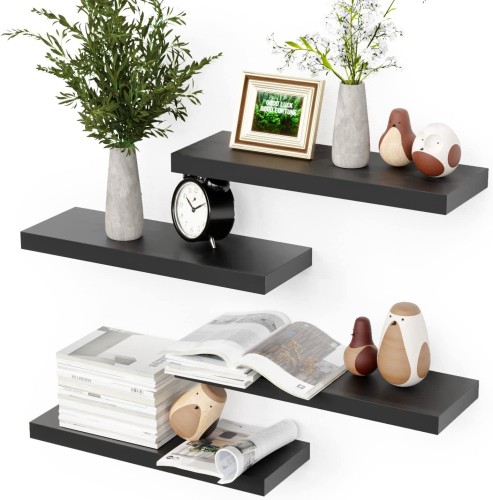 Boswillon Black Floating Shelves for Wall, 4 Sets Black Wall Shelves for Bedroom with Invisible Brackets