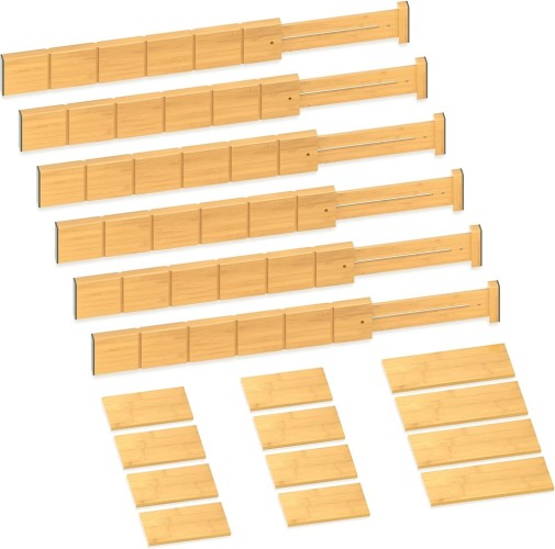 Bamboo Drawer Dividers with 12 Inserts, 16.3-22inches, Expandable Kitchen Drawer Organizer 6 Pack