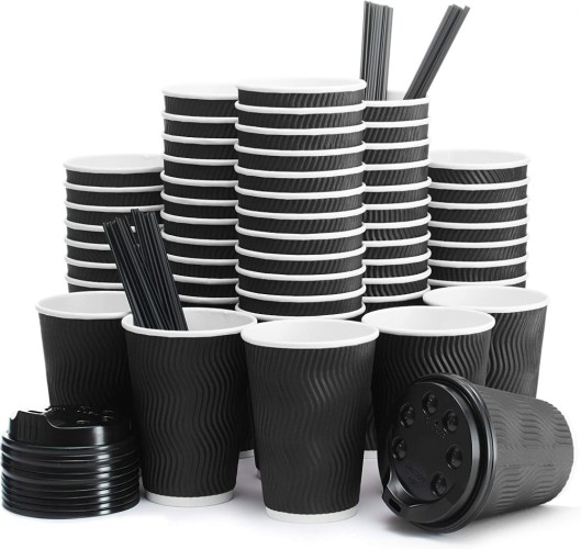 Primens Insulated Disposable Coffee Cups with Lids & Straws 12 oz, 100 Packs (Black)